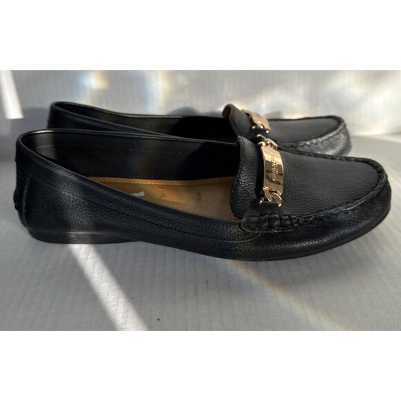 COACH Loafers w/ Metal Logo Accent- Olive Pebble Grain Leather Black Sz 9 - Picture 3 of 11